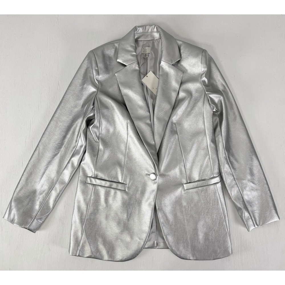 A New Day Blazer Jacket Womens XS Silver Metallic Faux Leather One Button Lined